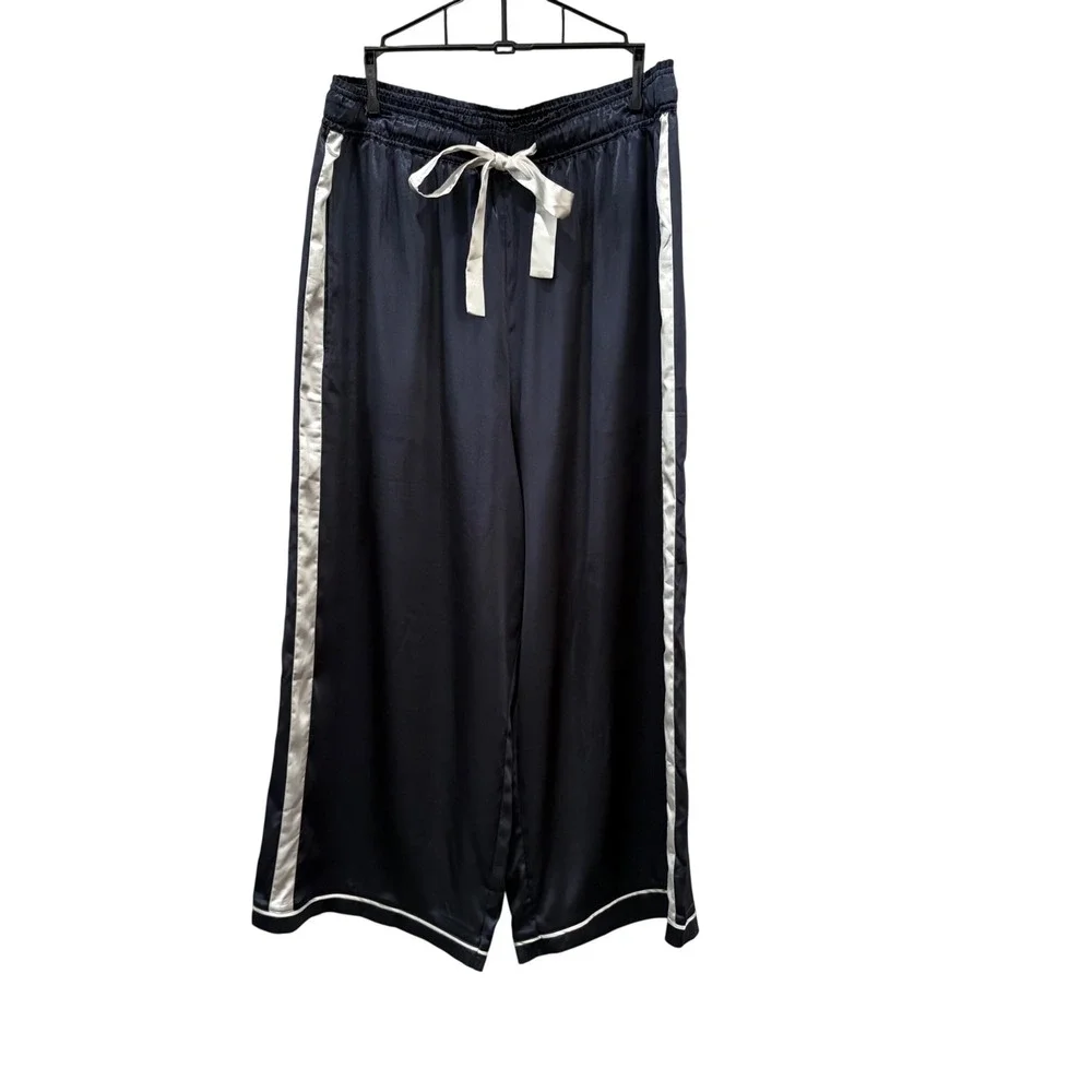Mersea Satin Sailor Pajama Set Women XL Navy Long Sleeve Wide Leg Pants Resort - Picture 3 of 12